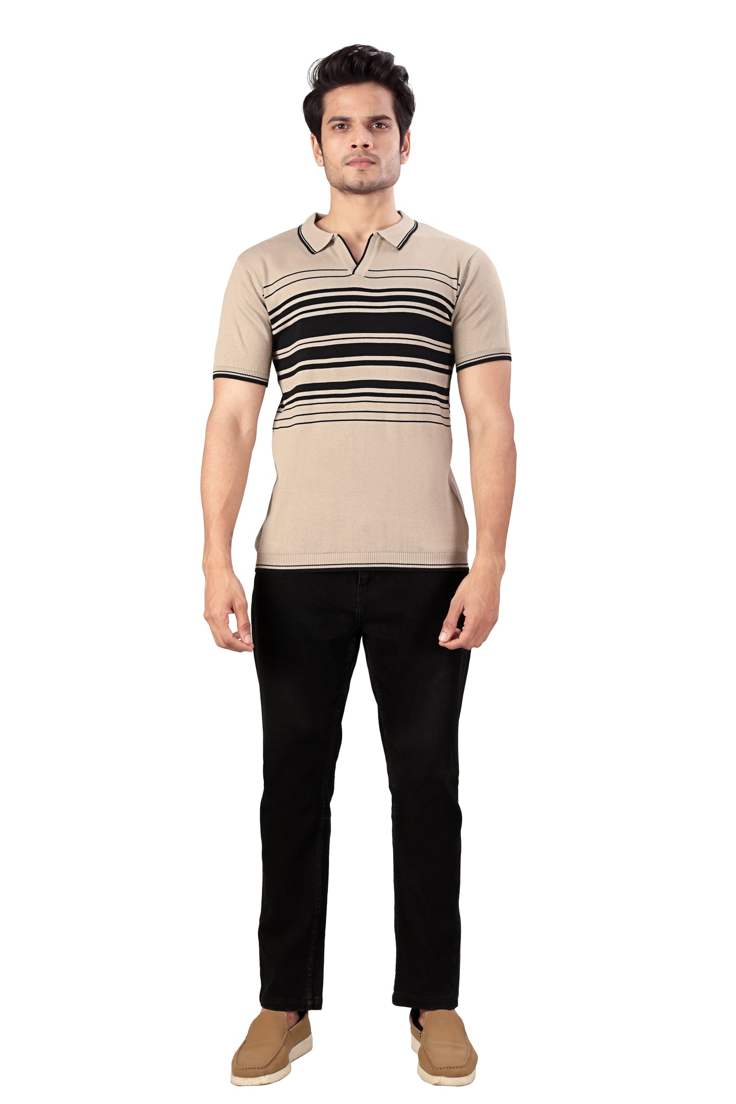 Tim Cooper Switzerland Men’s Beige & Black Striped Knit Polo T-Shirt