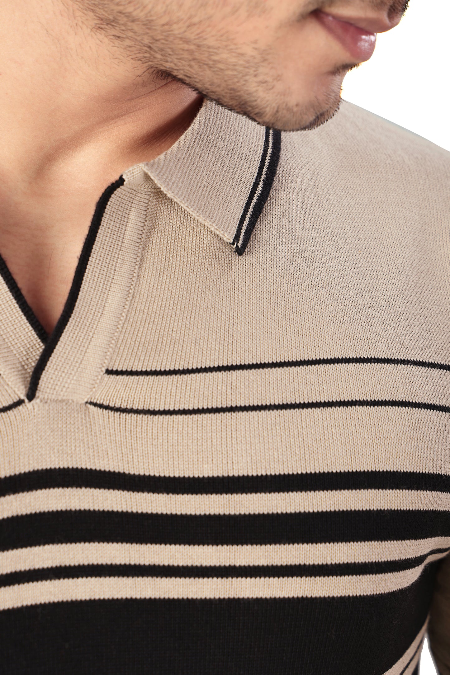 Tim Cooper Switzerland Men’s Beige & Black Striped Knit Polo T-Shirt