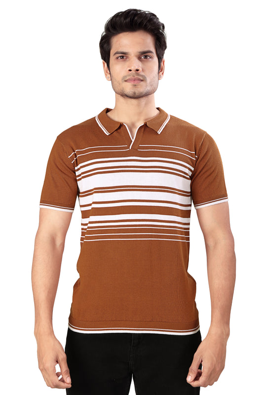 Tim Cooper Switzerland Men’s Rust Orange Striped Polo T-Shirt – Short Sleeve Knit Casual Wear