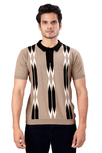 Tim Cooper Switzerland Men’s Beige & Black Geometric Pattern Polo T-Shirt – Short Sleeve Knitted Casual Wear