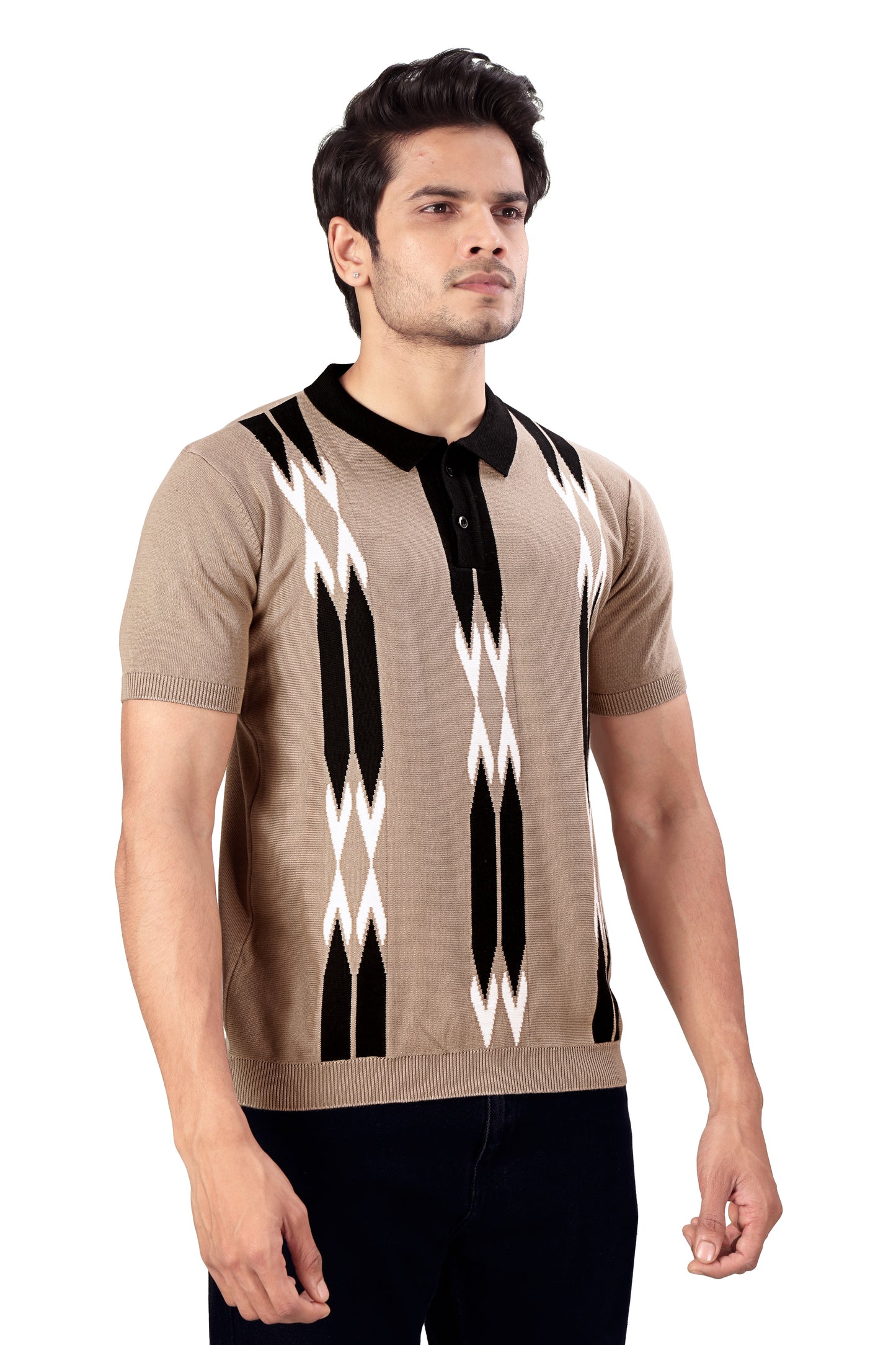 Tim Cooper Switzerland Men’s Beige & Black Geometric Pattern Polo T-Shirt – Short Sleeve Knitted Casual Wear