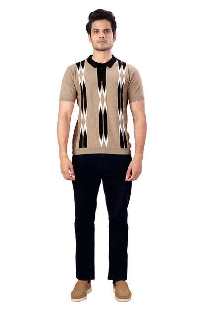 Tim Cooper Switzerland Men’s Beige & Black Geometric Pattern Polo T-Shirt – Short Sleeve Knitted Casual Wear