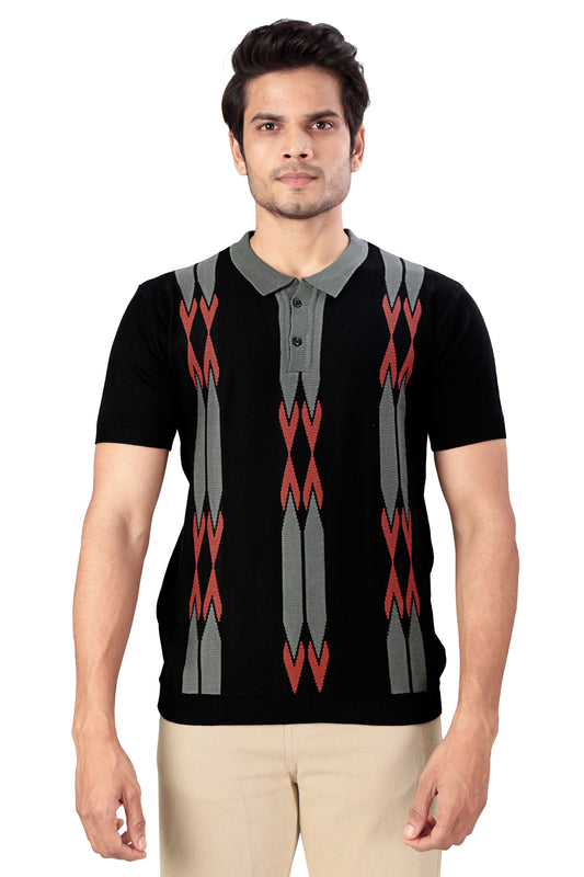 Tim Cooper Switzerland Men’s Black Knitted Polo T-Shirt with Red & Grey Geometric Pattern