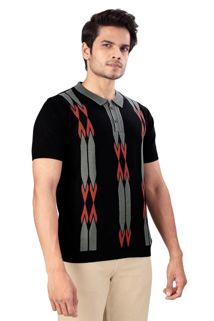Tim Cooper Switzerland Men’s Black Knitted Polo T-Shirt with Red & Grey Geometric Pattern