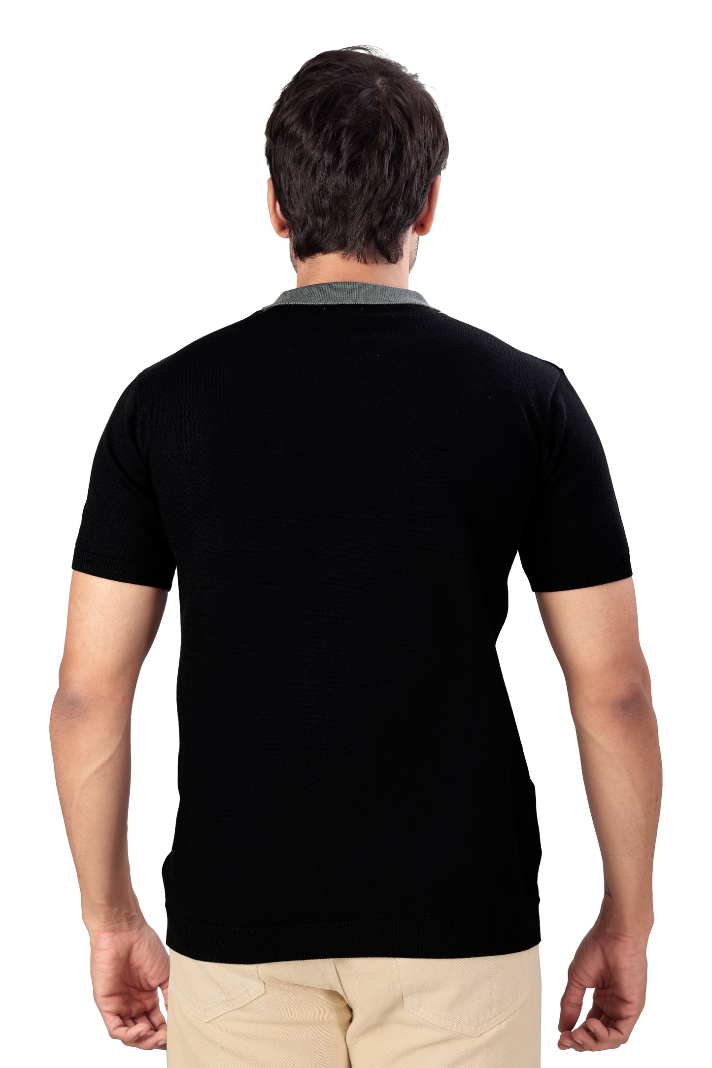 Tim Cooper Switzerland Men’s Black Knitted Polo T-Shirt with Red & Grey Geometric Pattern