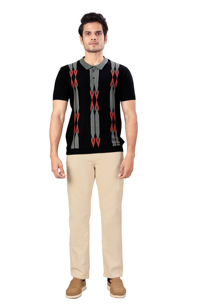 Tim Cooper Switzerland Men’s Black Knitted Polo T-Shirt with Red & Grey Geometric Pattern