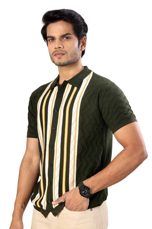 Tim Cooper Switzerland Men’s Olive Green Textured Knit Polo with Vertical Stripes