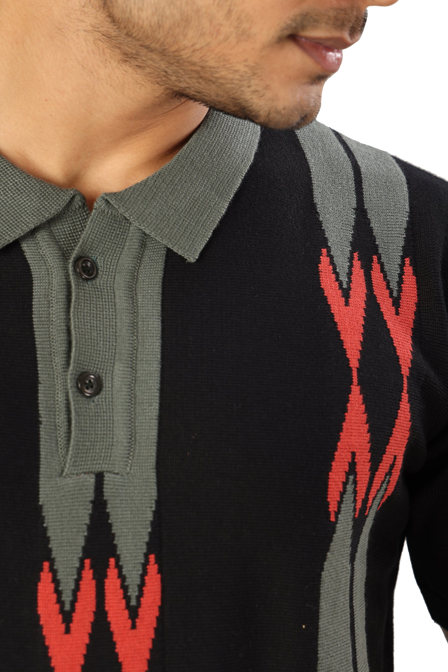 Tim Cooper Switzerland Men’s Black Knitted Polo T-Shirt with Red & Grey Geometric Pattern