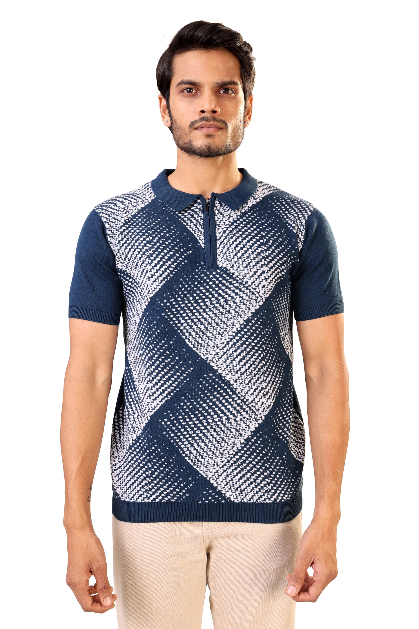 Tim Cooper Switzerland Navy Blue Geometric Pattern Men’s Knit Sweat T-Shirt