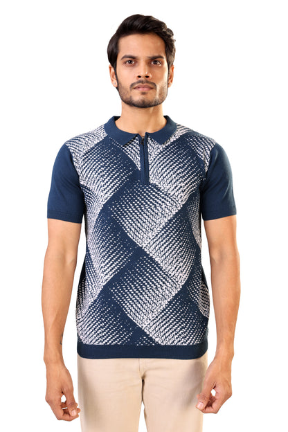 Tim Cooper Switzerland Navy Blue Geometric Pattern Men’s Knit Sweat T-Shirt