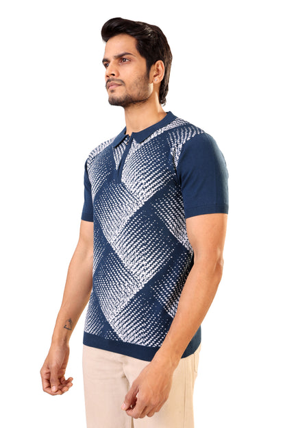 Tim Cooper Switzerland Navy Blue Geometric Pattern Men’s Knit Sweat T-Shirt
