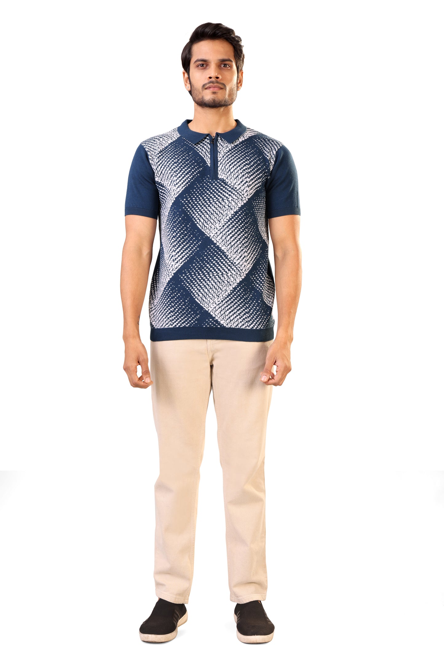Tim Cooper Switzerland Navy Blue Geometric Pattern Men’s Knit Sweat T-Shirt