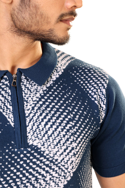 Tim Cooper Switzerland Navy Blue Geometric Pattern Men’s Knit Sweat T-Shirt