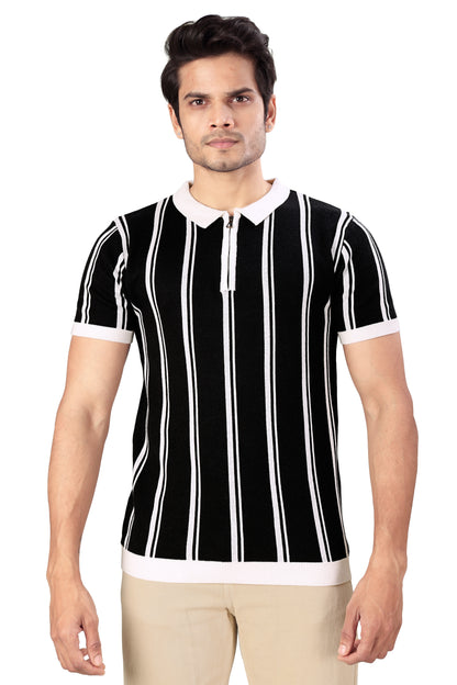 Tim Cooper Switzerland Men’s Black Striped Zip-Neck Polo T-Shirt