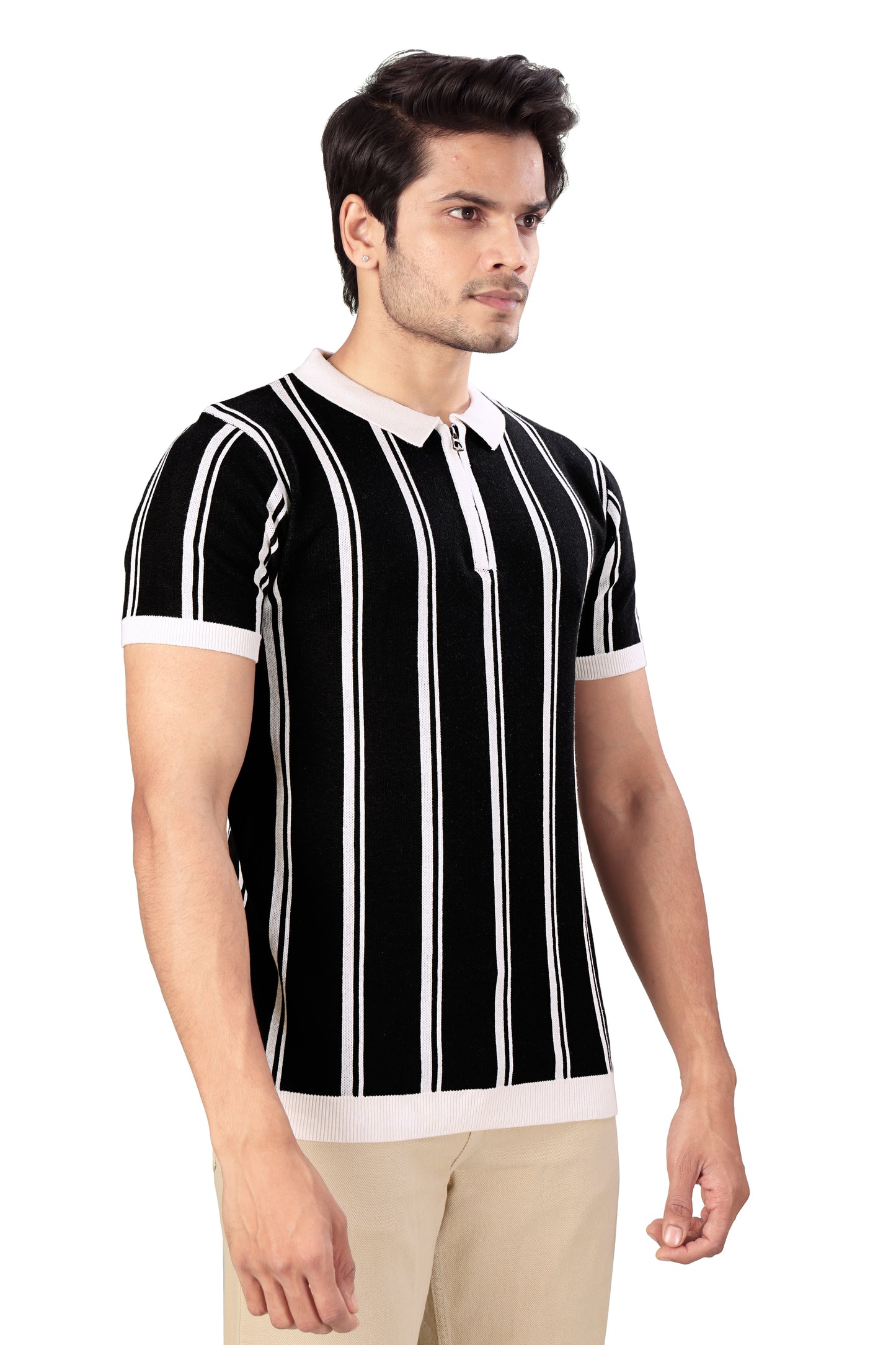 Tim Cooper Switzerland Men’s Black Striped Zip-Neck Polo T-Shirt