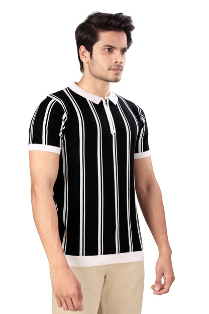 Tim Cooper Switzerland Men’s Black Striped Zip-Neck Polo T-Shirt