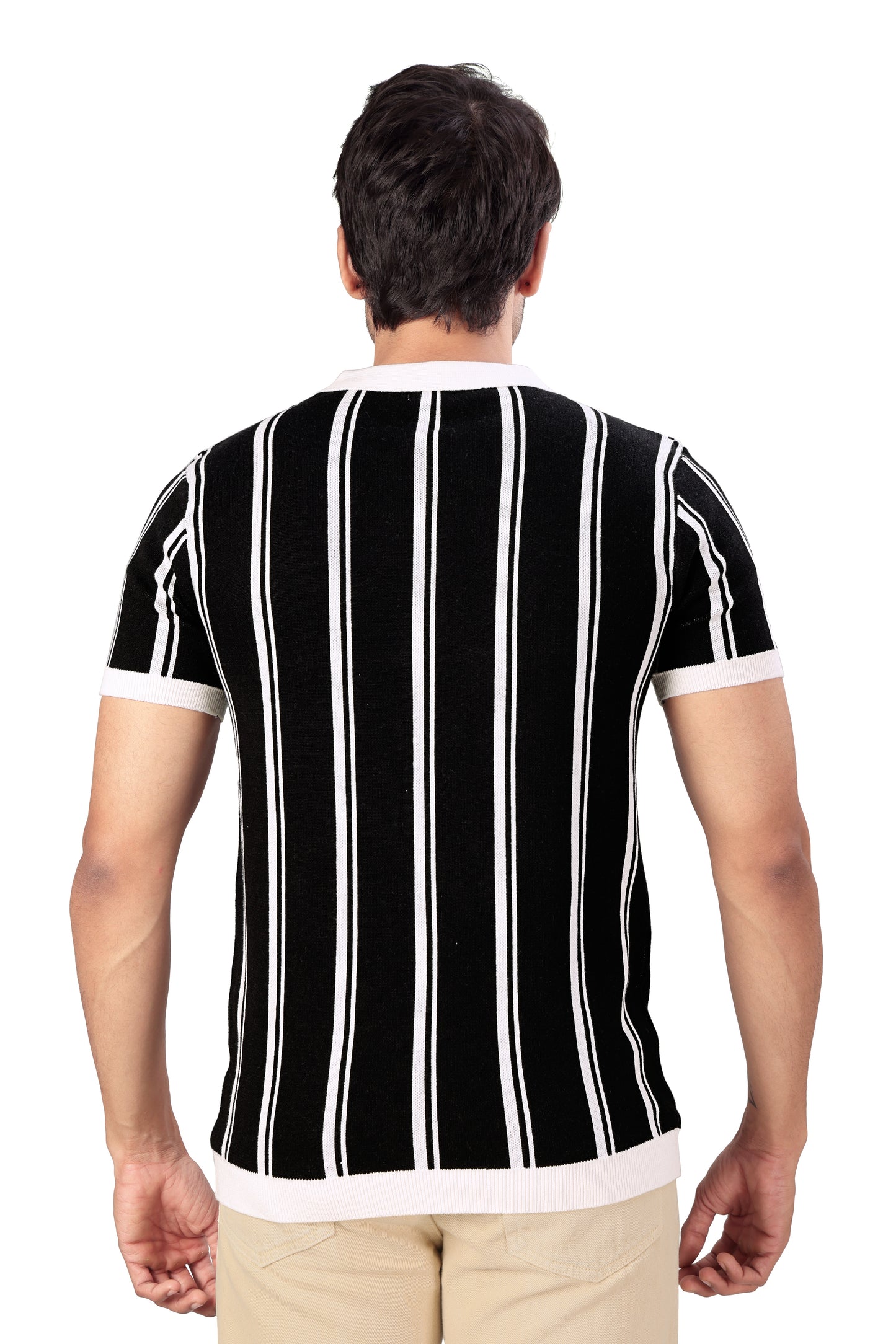 Tim Cooper Switzerland Men’s Black Striped Zip-Neck Polo T-Shirt