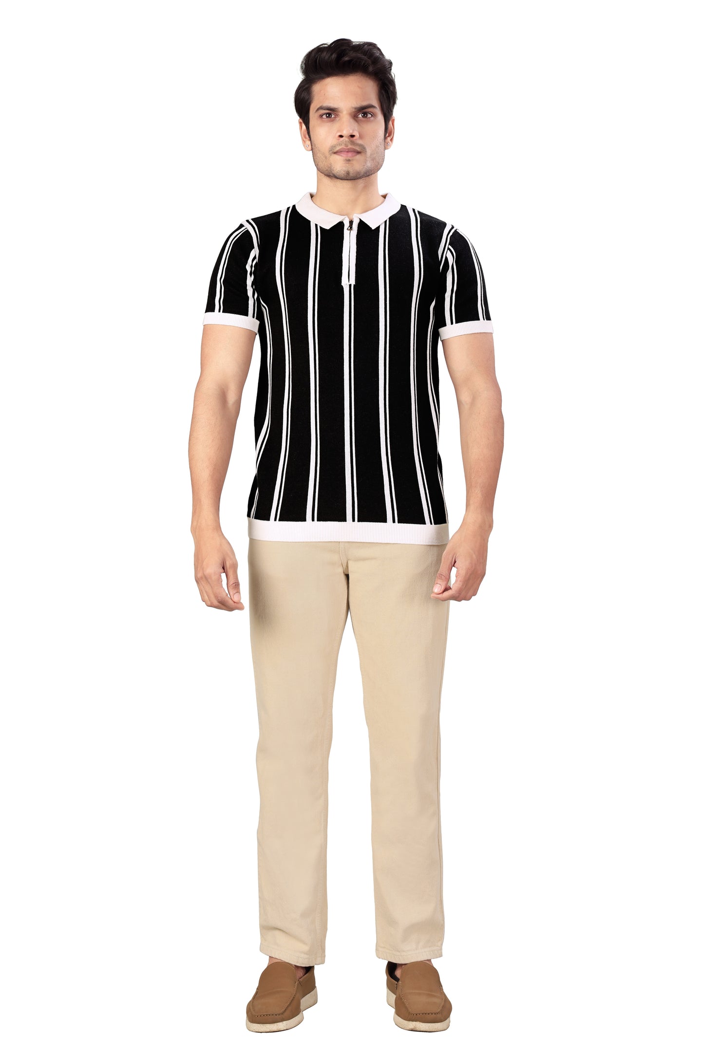 Tim Cooper Switzerland Men’s Black Striped Zip-Neck Polo T-Shirt