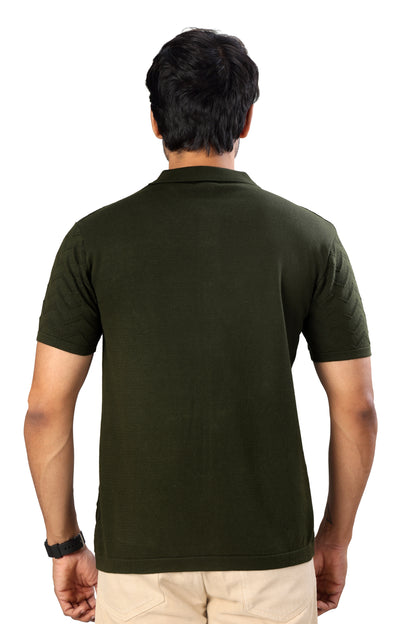 Tim Cooper Switzerland Men’s Olive Green Textured Knit Polo with Vertical Stripes