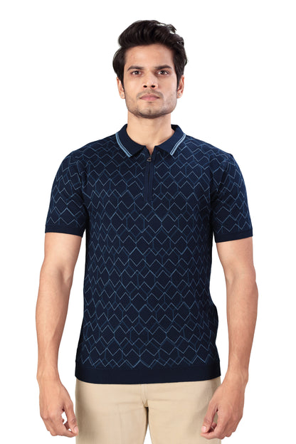 Tim Cooper Switzerland Men’s Navy Blue Geometric Pattern Zip-Neck Polo T-Shirt