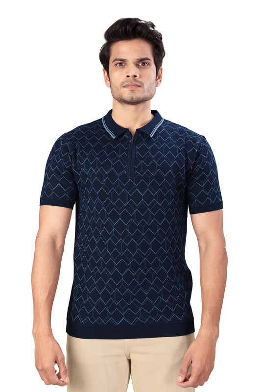 Tim Cooper Switzerland Men’s Navy Blue Geometric Pattern Zip-Neck Polo T-Shirt