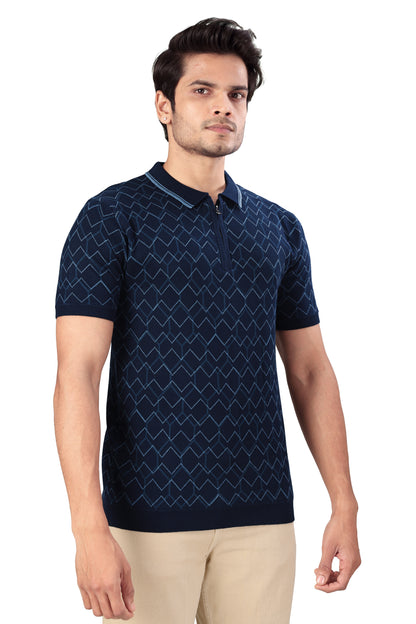 Tim Cooper Switzerland Men’s Navy Blue Geometric Pattern Zip-Neck Polo T-Shirt