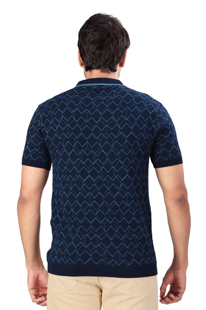 Tim Cooper Switzerland Men’s Navy Blue Geometric Pattern Zip-Neck Polo T-Shirt