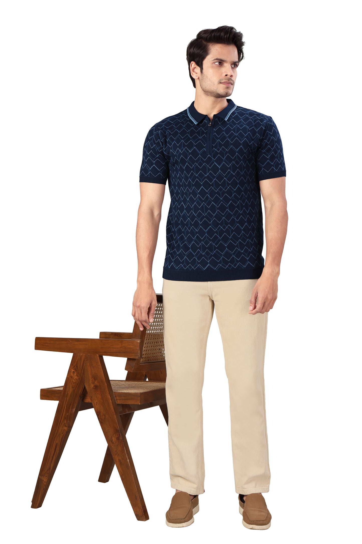 Tim Cooper Switzerland Men’s Navy Blue Geometric Pattern Zip-Neck Polo T-Shirt