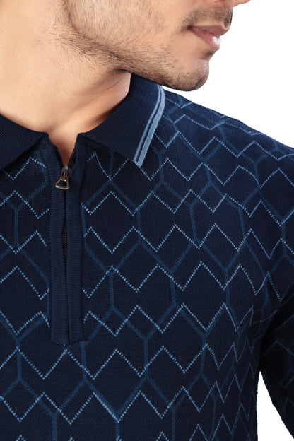 Tim Cooper Switzerland Men’s Navy Blue Geometric Pattern Zip-Neck Polo T-Shirt