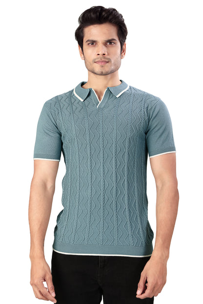 Tim Cooper Switzerland Men’s Teal Textured Knit Polo T-Shirt with Contrast Trim