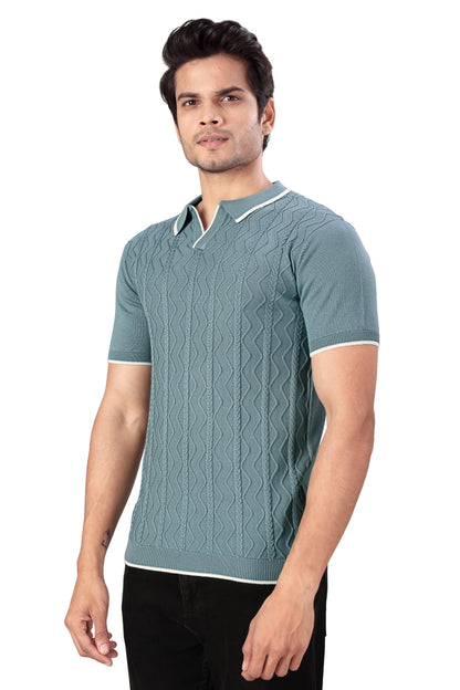 Tim Cooper Switzerland Men’s Teal Textured Knit Polo T-Shirt with Contrast Trim