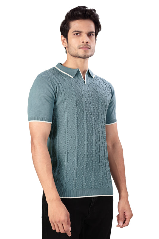 Tim Cooper Switzerland Men’s Teal Textured Knit Polo T-Shirt with Contrast Trim