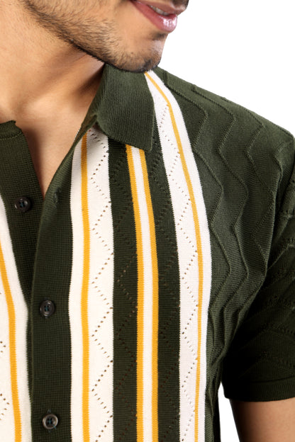 Tim Cooper Switzerland Men’s Olive Green Textured Knit Polo with Vertical Stripes