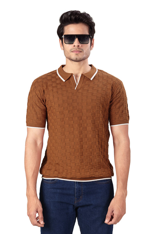 Tim Cooper Switzerland Men’s Rust Textured Knit Polo T-Shirt with Contrast Trim