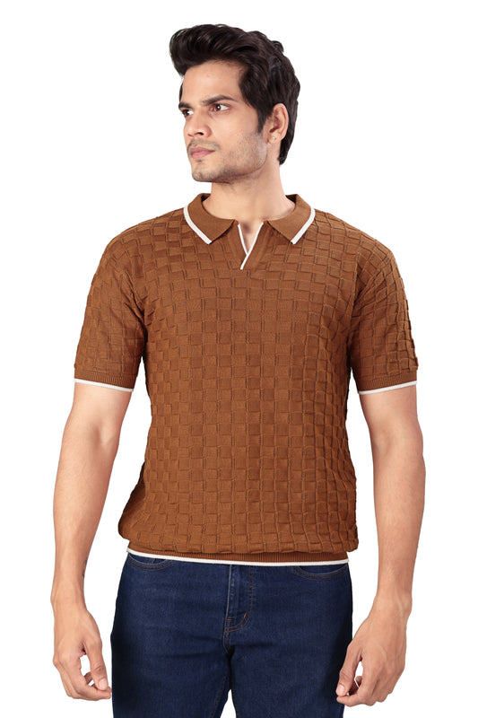 Tim Cooper Switzerland Men’s Rust Textured Knit Polo T-Shirt with Contrast Trim