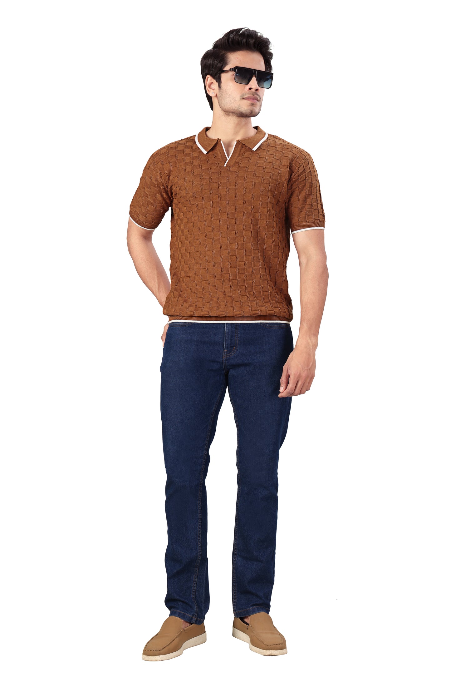 Tim Cooper Switzerland Men’s Rust Textured Knit Polo T-Shirt with Contrast Trim