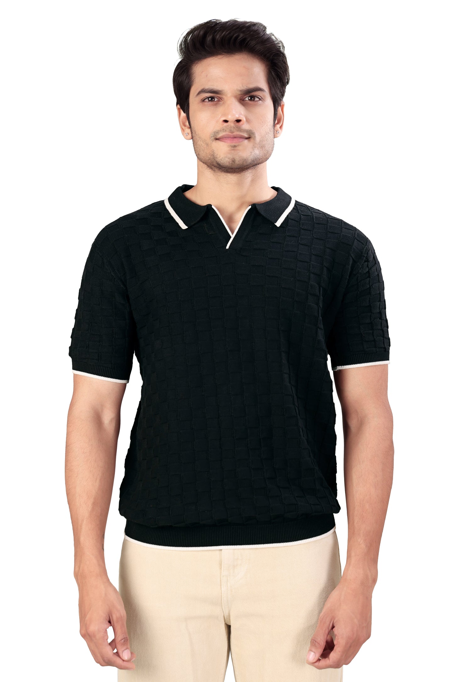 Tim Cooper Switzerland Men’s Black Textured Knit Polo T-Shirt with Contrast Trim