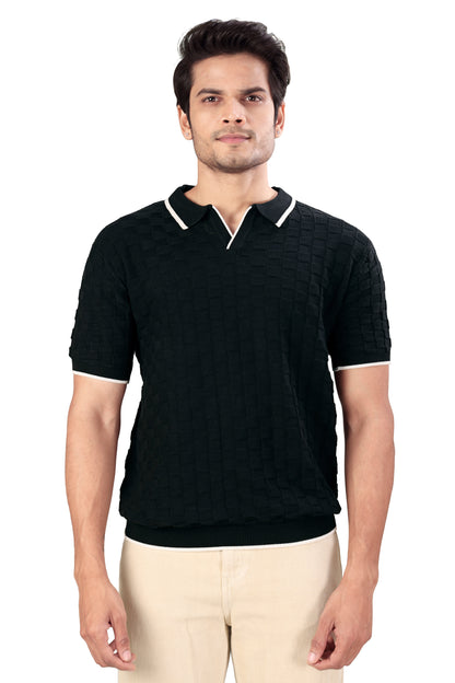 Tim Cooper Switzerland Men’s Black Textured Knit Polo T-Shirt with Contrast Trim