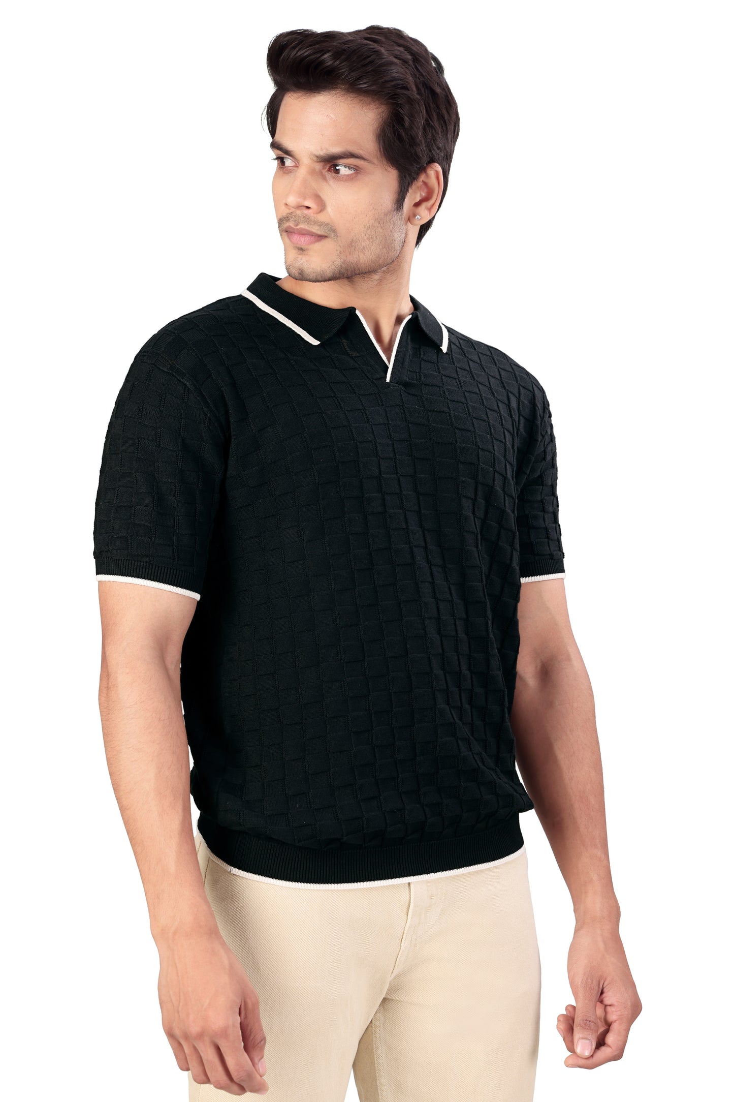 Tim Cooper Switzerland Men’s Black Textured Knit Polo T-Shirt with Contrast Trim