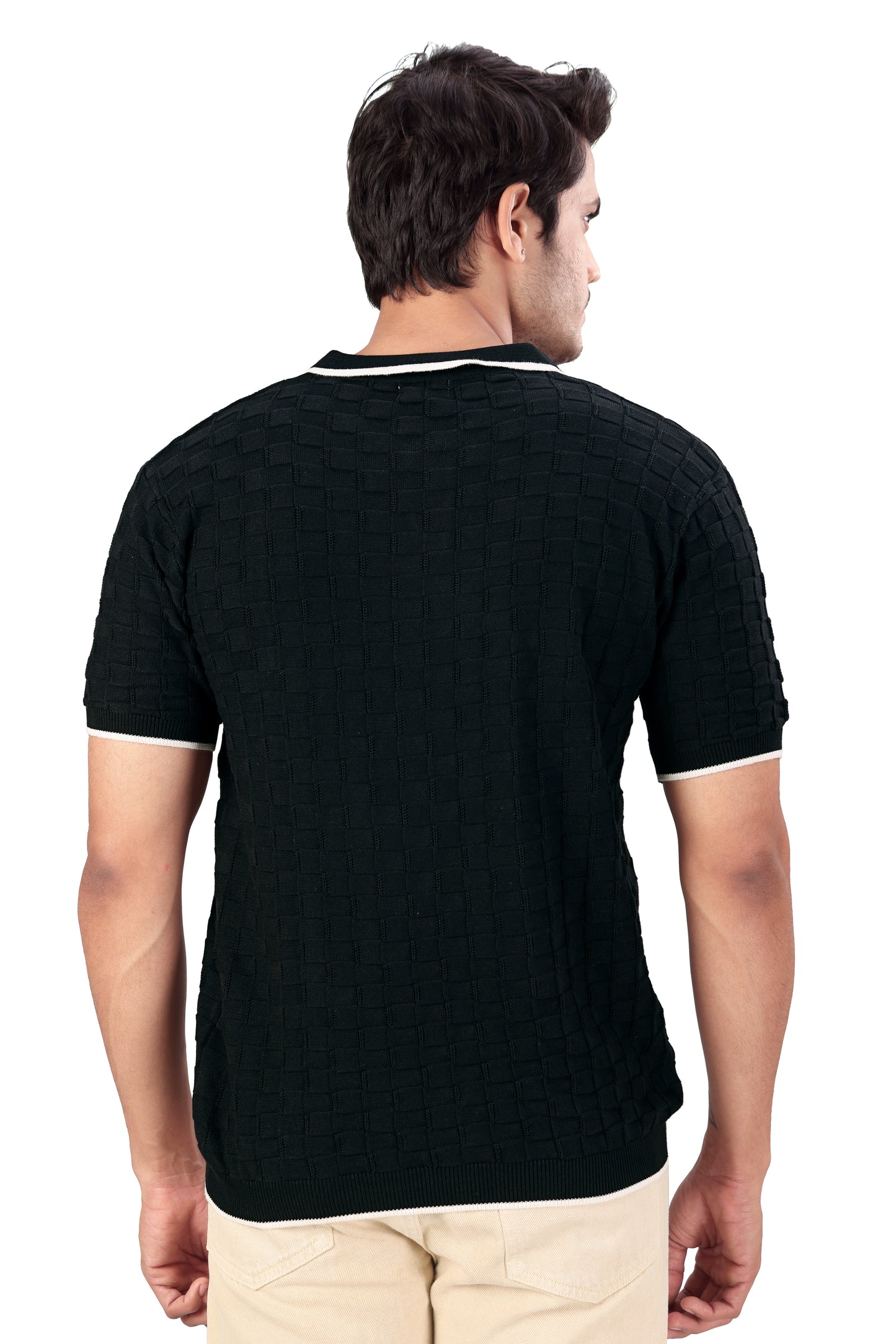 Tim Cooper Switzerland Men’s Black Textured Knit Polo T-Shirt with Contrast Trim