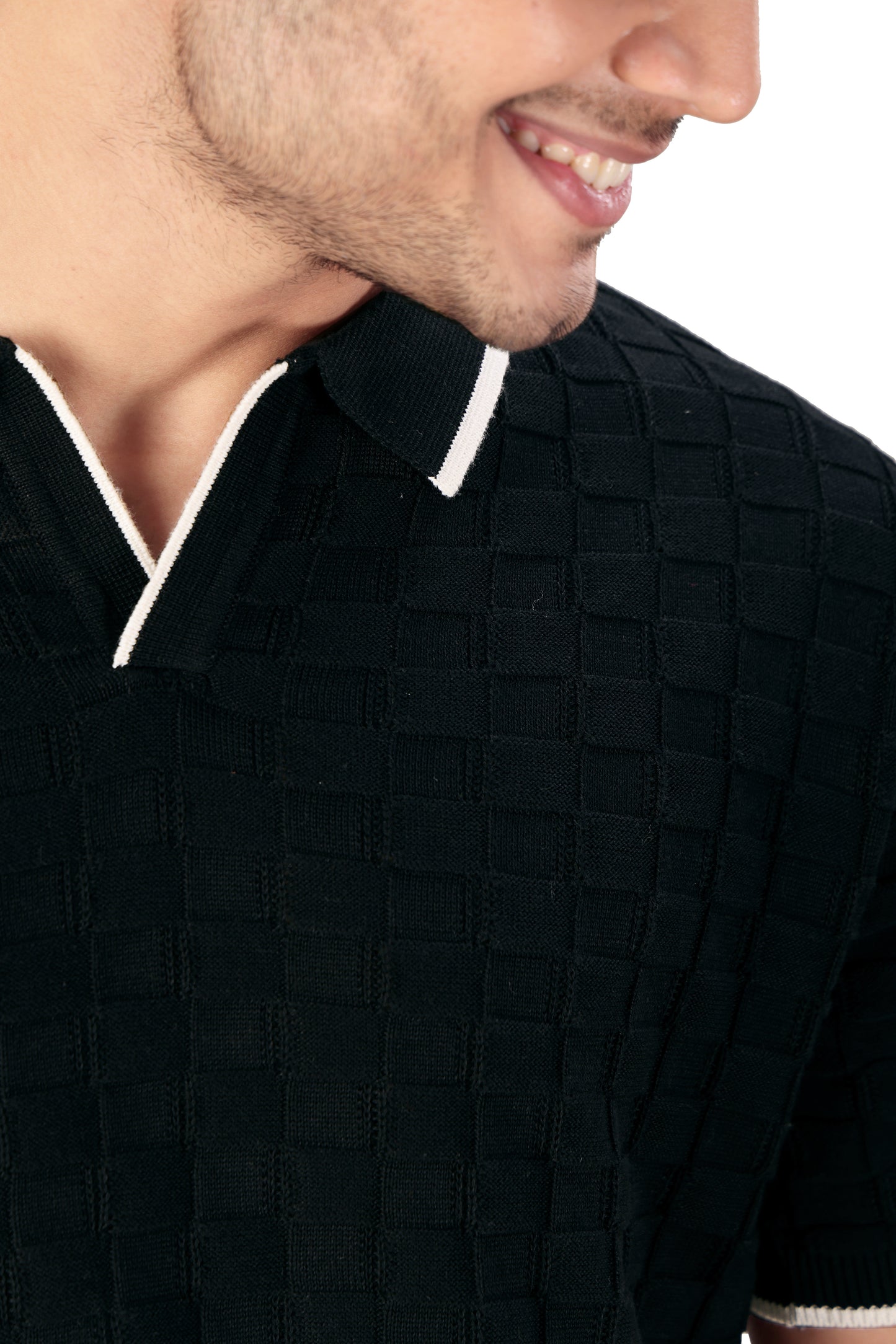 Tim Cooper Switzerland Men’s Black Textured Knit Polo T-Shirt with Contrast Trim