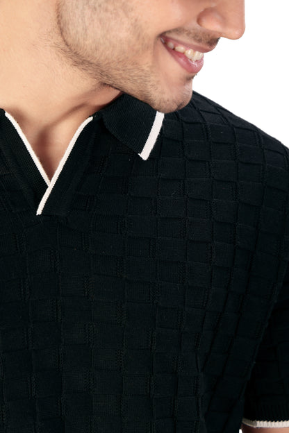 Tim Cooper Switzerland Men’s Black Textured Knit Polo T-Shirt with Contrast Trim