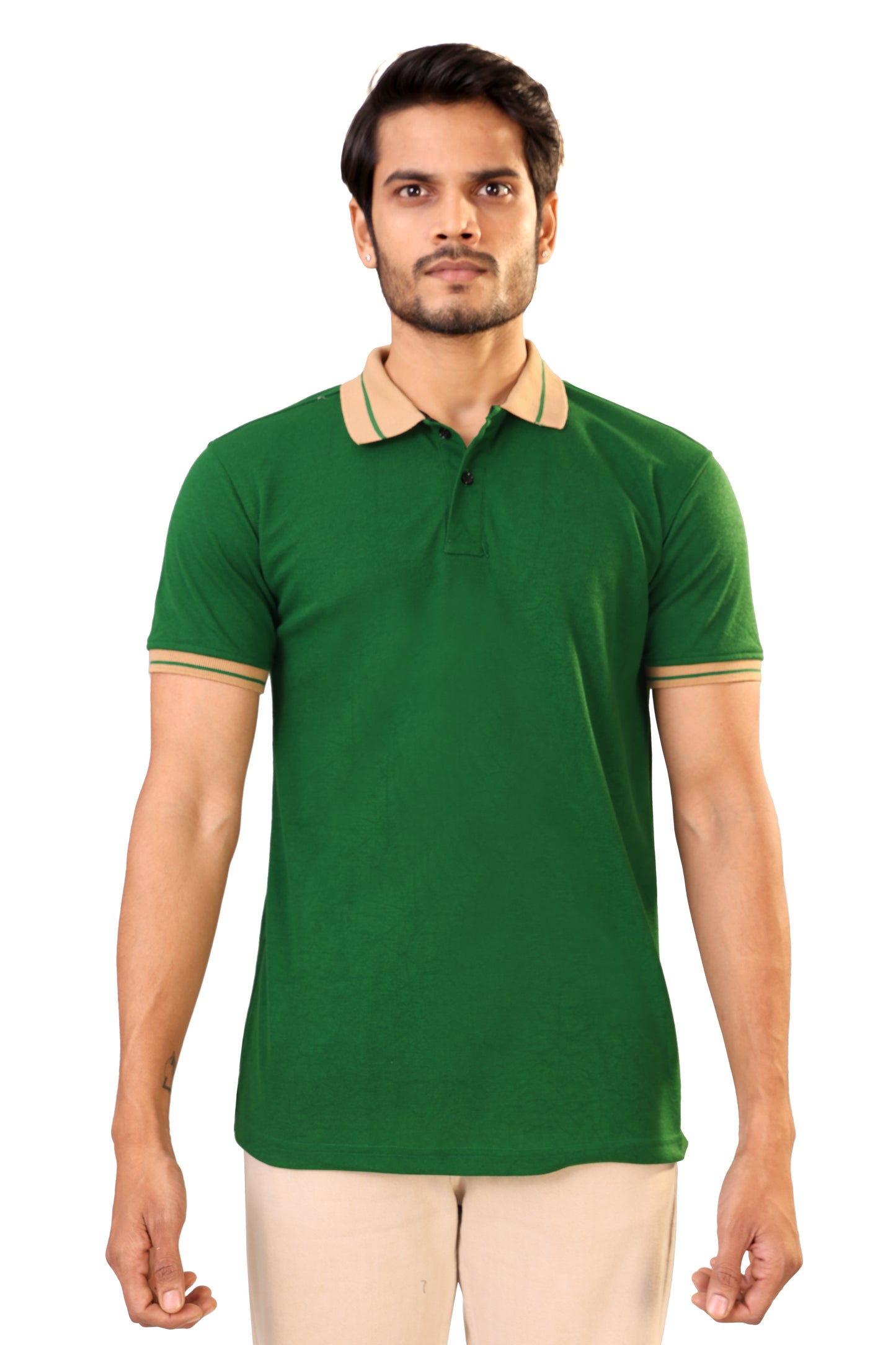 Tim Cooper Switzerland Classic Green Polo T-Shirt with Beige Collar Detail