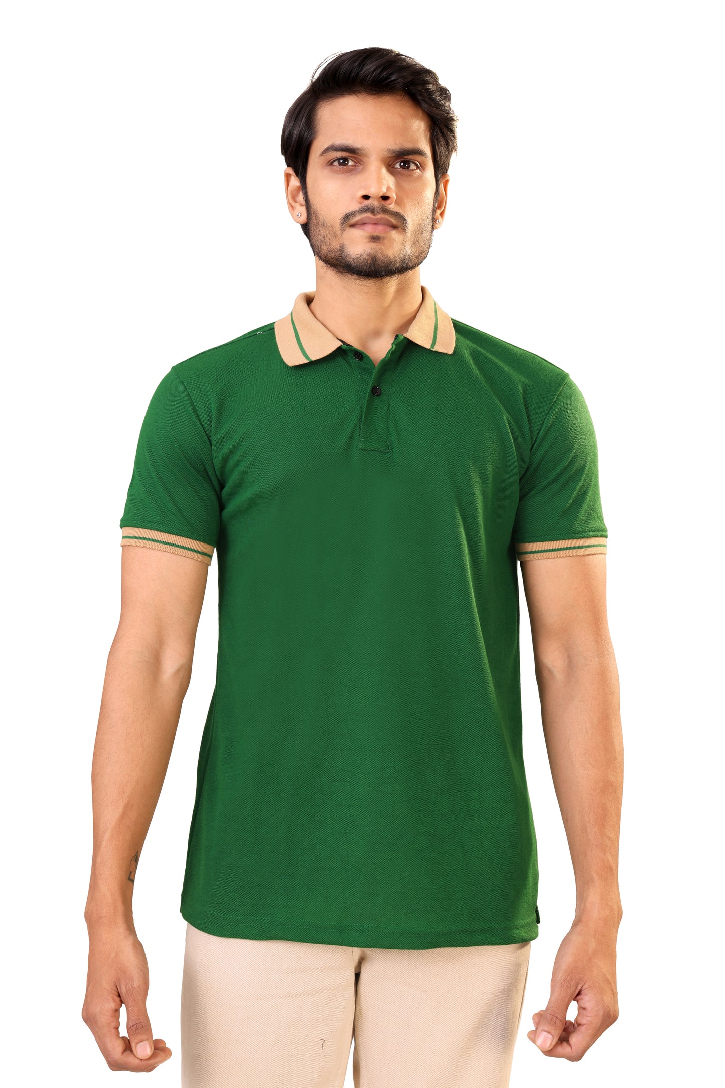 Tim Cooper Switzerland Classic Green Polo T-Shirt with Beige Collar Detail