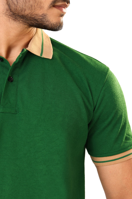 Tim Cooper Switzerland Classic Green Polo T-Shirt with Beige Collar Detail