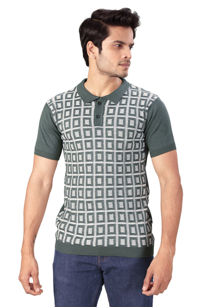 Tim Cooper Switzerland Men’s Knitted Polo T-Shirt with Geometric Check Pattern