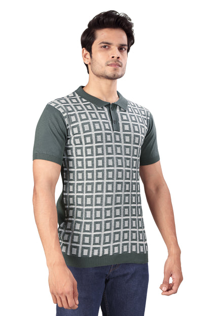 Tim Cooper Switzerland Men’s Knitted Polo T-Shirt with Geometric Check Pattern