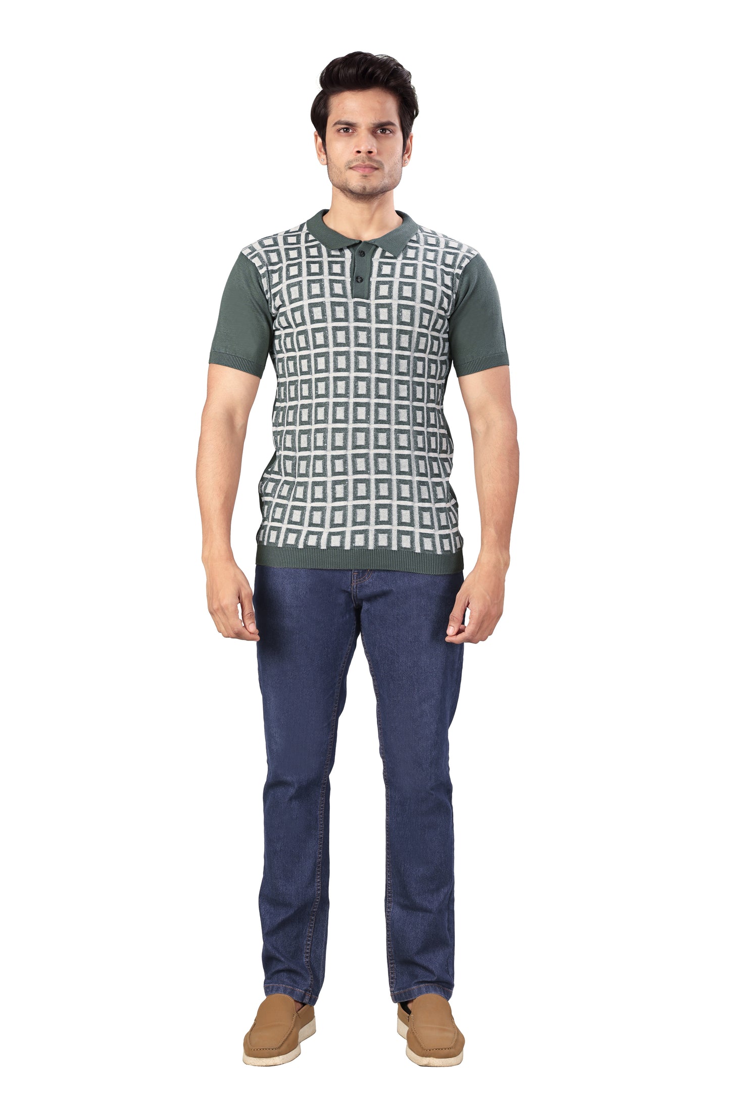 Tim Cooper Switzerland Men’s Knitted Polo T-Shirt with Geometric Check Pattern