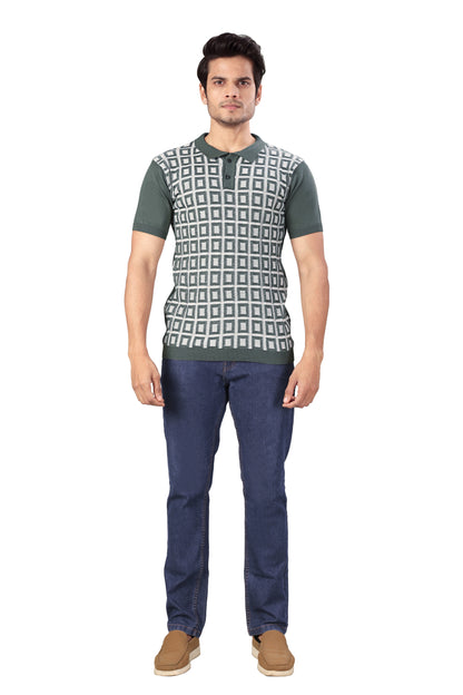 Tim Cooper Switzerland Men’s Knitted Polo T-Shirt with Geometric Check Pattern