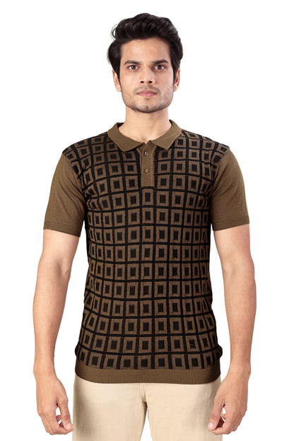 Tim Cooper Switzerland Men’s Knitted Polo T-Shirt with Square Geometric Pattern
